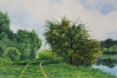 Chemin longeant un étang,aquarelle,format 40 x 30